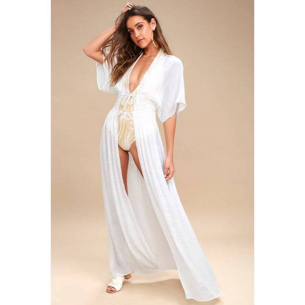 Lulus Carried Away Off-white Embroidered Maxi Top - Size Medium